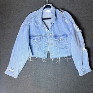 Womens L Oversized Distressed Cropped Denim Jacket Light Wash Raw Hem Western